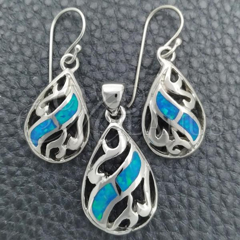 Sterling Silver Earring and Pendant Adult Set, Teardrop and Filigree Design, with Bermuda Blue Opal, Polished, Silver Finish, 10.391.0023