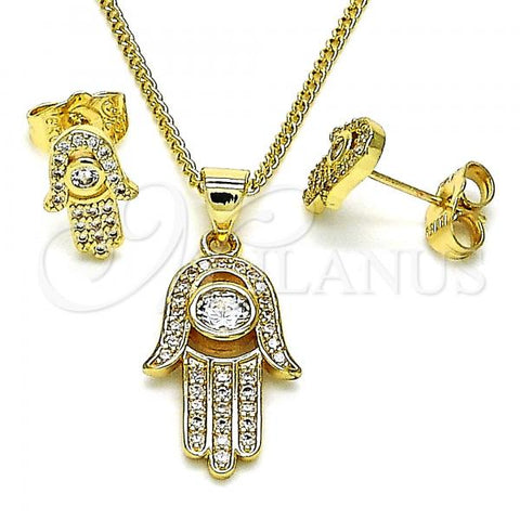 Oro Laminado Earring and Pendant Adult Set, Gold Filled Style Hand of God Design, with White Micro Pave and White Cubic Zirconia, Polished, Golden Finish, 10.156.0443