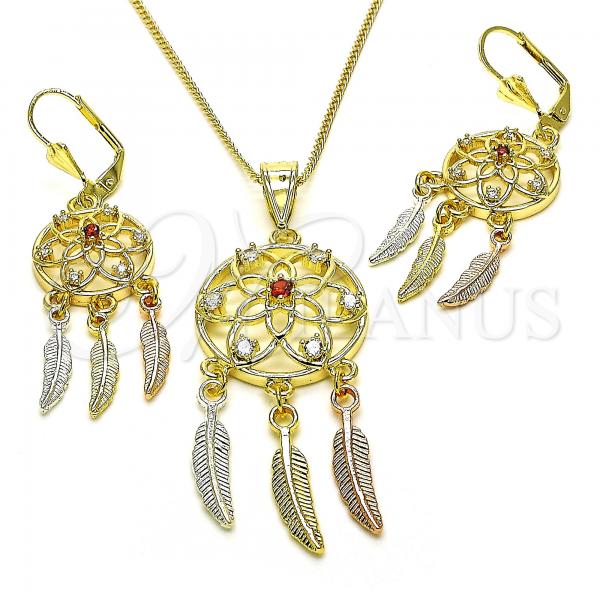 Oro Laminado Earring and Pendant Adult Set, Gold Filled Style Flower and Leaf Design, with Garnet and White Cubic Zirconia, Polished, Tricolor, 10.253.0001
