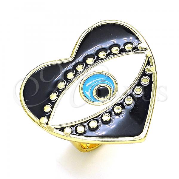 Oro Laminado Elegant Ring, Gold Filled Style Evil Eye and Heart Design, Black Enamel Finish, Golden Finish, 01.313.0008.1 (One size fits all)