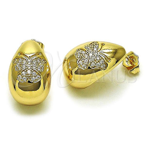 Oro Laminado Stud Earring, Gold Filled Style Teardrop and Butterfly Design, with White Cubic Zirconia, Polished, Golden Finish, 02.283.0157