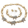 Oro Laminado Necklace, Bracelet and Earring, Gold Filled Style Elephant and Hugs and Kisses Design, with White Crystal, Polished, Golden Finish, 06.372.0012