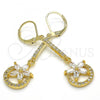 Oro Laminado Long Earring, Gold Filled Style Flower Design, with White Cubic Zirconia, Polished, Golden Finish, 02.236.0037