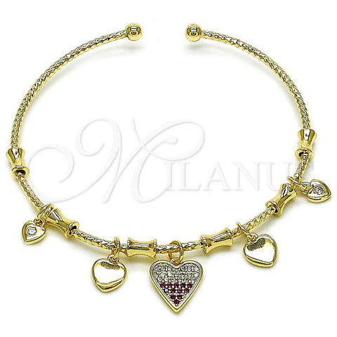 Oro Laminado Individual Bangle, Gold Filled Style Heart Design, with White and Ruby Micro Pave, Diamond Cutting Finish, Golden Finish, 07.60.0028