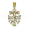 Oro Laminado Religious Pendant, Gold Filled Style Crucifix and Angel Design, Diamond Cutting Finish, Tricolor, 05.196.0005