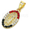 Oro Laminado Religious Pendant, Gold Filled Style Guadalupe Design, with Multicolor Crystal, Polished, Golden Finish, 05.351.0009
