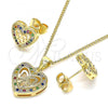 Oro Laminado Earring and Pendant Adult Set, Gold Filled Style Heart and Bow Design, with Multicolor Micro Pave, Polished, Golden Finish, 10.156.0408.2