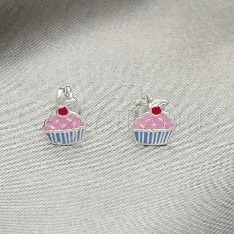 Sterling Silver Stud Earring, Cupcake Design, Pink Enamel Finish, Silver Finish, 02.406.0009.01