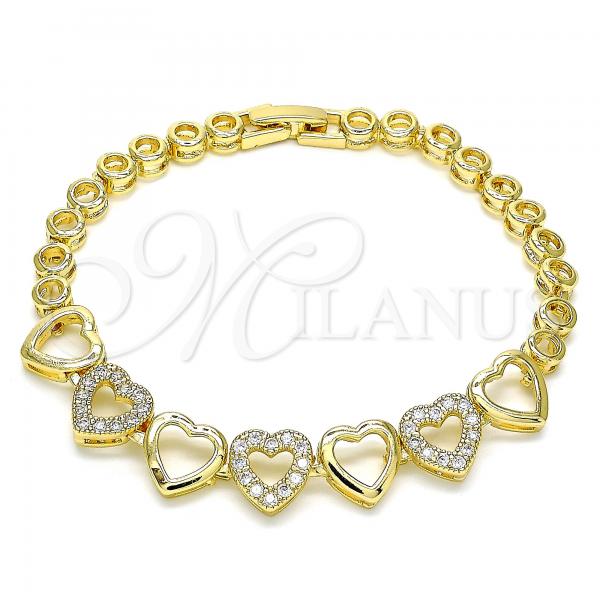 Oro Laminado Fancy Bracelet, Gold Filled Style Heart Design, with White Cubic Zirconia, Polished, Golden Finish, 03.283.0045.07