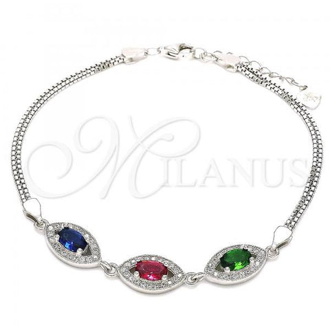 Sterling Silver Fancy Bracelet, with Multicolor Cubic Zirconia and White Micro Pave, Polished, Rhodium Finish, 03.286.0016.4.07