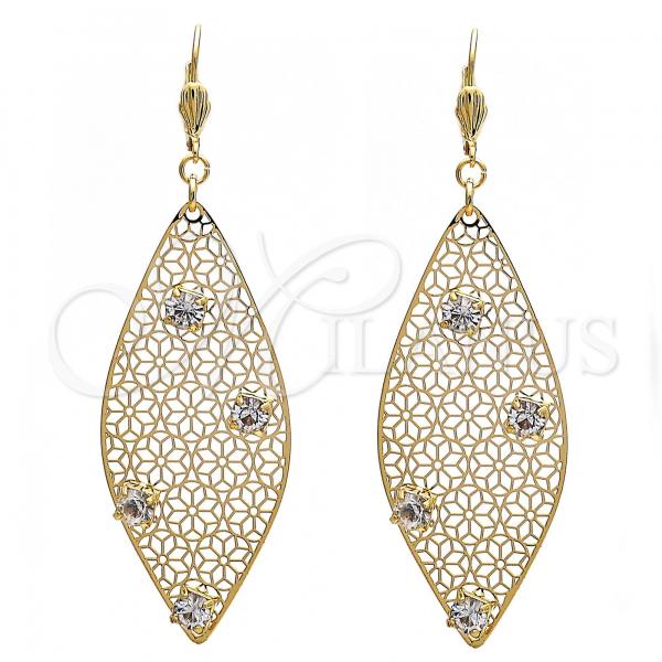 Oro Laminado Dangle Earring, Gold Filled Style Leaf and Flower Design, with White Crystal, Polished, Golden Finish, 64.008