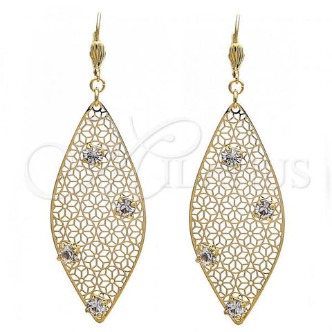 Oro Laminado Dangle Earring, Gold Filled Style Leaf and Flower Design, with White Crystal, Polished, Golden Finish, 64.008