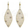 Oro Laminado Dangle Earring, Gold Filled Style Leaf and Flower Design, with White Crystal, Polished, Golden Finish, 64.008