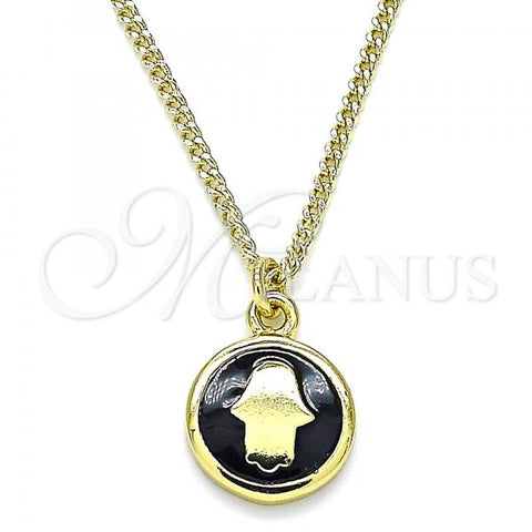 Oro Laminado Pendant Necklace, Gold Filled Style Hand of God Design, Black Enamel Finish, Golden Finish, 04.374.0003.2.20