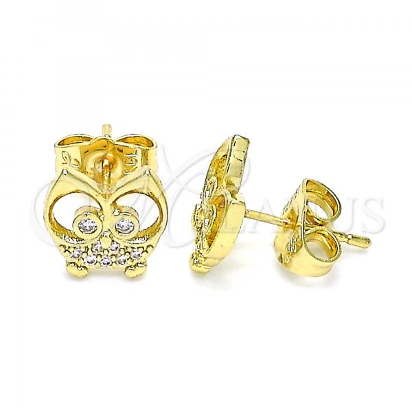 Oro Laminado Stud Earring, Gold Filled Style Owl Design, with White Micro Pave, Polished, Golden Finish, 02.156.0594