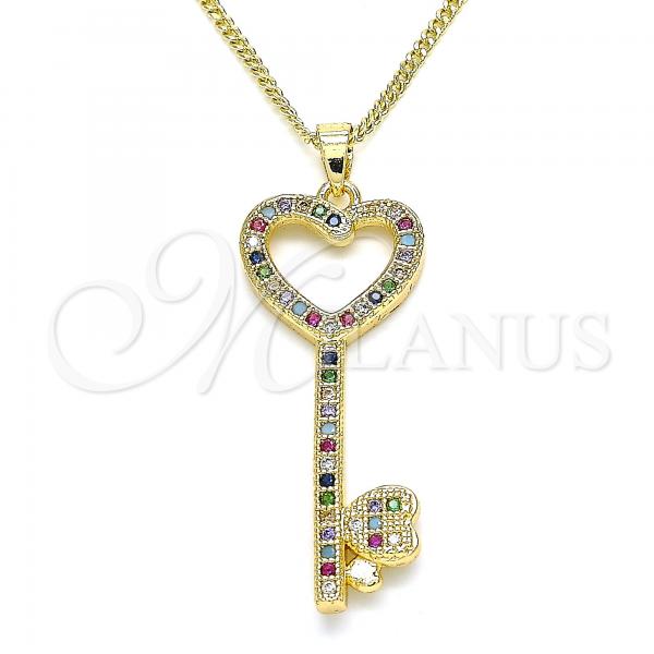 Oro Laminado Pendant Necklace, Gold Filled Style key and Heart Design, with Multicolor Micro Pave, Polished, Golden Finish, 04.344.0004.2.20