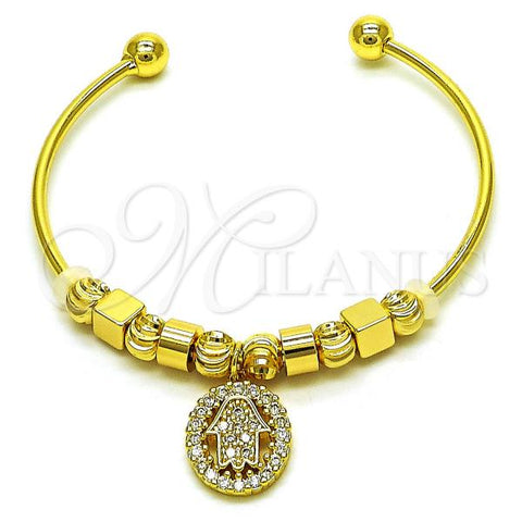 Oro Laminado Individual Bangle, Gold Filled Style Hand of God Design, with White Micro Pave, Diamond Cutting Finish, Golden Finish, 07.299.0005