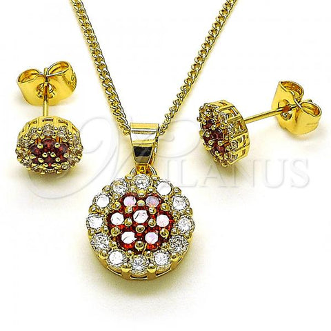 Oro Laminado Earring and Pendant Adult Set, Gold Filled Style with Garnet and White Cubic Zirconia, Polished, Golden Finish, 10.344.0009.3