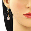Oro Laminado Long Earring, Gold Filled Style Teardrop Design, with Pink and White Cubic Zirconia, Polished, Golden Finish, 02.387.0044.3