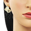 Oro Laminado Stud Earring, Gold Filled Style Flower Design, Diamond Cutting Finish, Golden Finish, 02.428.0009