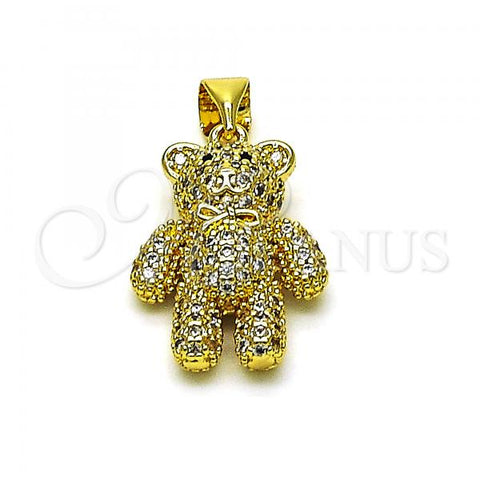 Oro Laminado Fancy Pendant, Gold Filled Style Teddy Bear and Bow Design, with White and Black Micro Pave, Polished, Golden Finish, 05.341.0066