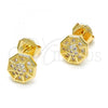 Oro Laminado Stud Earring, Gold Filled Style Flower Design, with White Micro Pave, Polished, Golden Finish, 02.156.0052