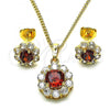 Oro Laminado Earring and Pendant Adult Set, Gold Filled Style Flower Design, with Garnet and White Cubic Zirconia, Polished, Golden Finish, 10.199.0086.7