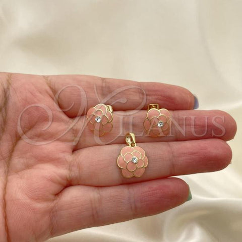 Oro Laminado Earring and Pendant Adult Set, Gold Filled Style Flower Design, Enamel Finish, Golden Finish, 10.65.0558