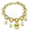 Oro Laminado Charm Bracelet, Gold Filled Style Rolo and Twist Design, with Ivory Pearl and White Cubic Zirconia, Polished, Golden Finish, 03.331.0267.08