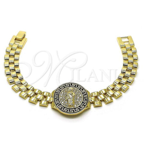 Oro Laminado Fancy Bracelet, Gold Filled Style Guadalupe and Greek Key Design, with White Micro Pave, Black Enamel Finish, Golden Finish, 03.411.0014.08