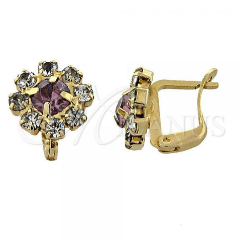 Oro Laminado Leverback Earring, Gold Filled Style Flower Design, with Light Rhodolite and White Cubic Zirconia, Polished, Golden Finish, 02.63.0096.5