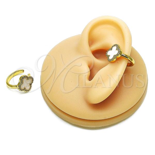 Oro Laminado Earcuff Earring, Gold Filled Style Four-leaf Clover Design, with White Micro Pave, White Enamel Finish, Golden Finish, 02.341.0229.15