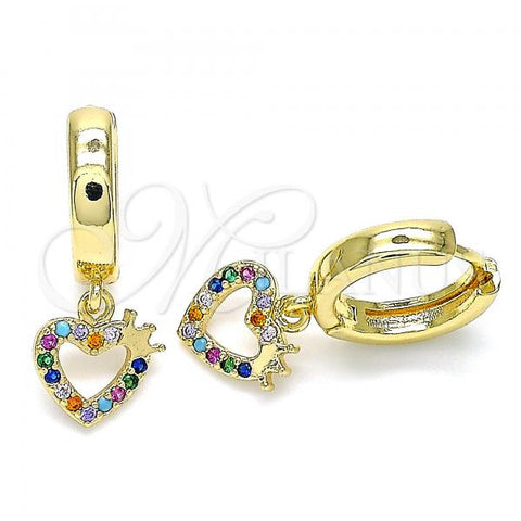 Oro Laminado Huggie Hoop, Gold Filled Style Heart and Crown Design, with Multicolor Micro Pave, Polished, Golden Finish, 02.210.0512.1.15