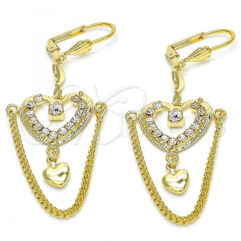 Oro Laminado Long Earring, Gold Filled Style Heart Design, with White Crystal, Polished, Golden Finish, 02.270.0061