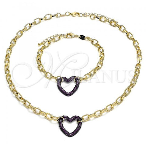 Oro Laminado Necklace and Bracelet, Gold Filled Style Paperclip and Heart Design, with Ruby Micro Pave, Polished, Black Rhodium Finish, 06.341.0004.2