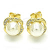 Oro Laminado Stud Earring, Gold Filled Style Ball Design, with Ivory Pearl and White Cubic Zirconia, Polished, Golden Finish, 02.156.0357