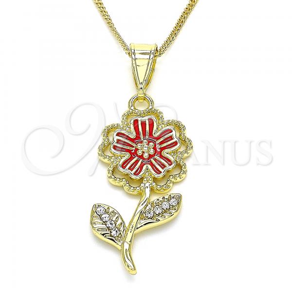 Oro Laminado Pendant Necklace, Gold Filled Style Flower Design, with White Crystal, Red Enamel Finish, Golden Finish, 04.253.0015.20