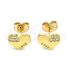 Oro Laminado Long Earring, Gold Filled Style Heart and Love Design, with White Micro Pave, Polished, Golden Finish, 02.213.0348