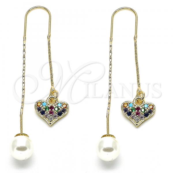 Oro Laminado Threader Earring, Gold Filled Style Heart Design, with Multicolor Micro Pave, Polished, Golden Finish, 02.210.0336.1