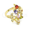 Oro Laminado Multi Stone Ring, Gold Filled Style Leaf and Flower Design, with Multicolor Cubic Zirconia, Polished, Golden Finish, 01.283.0025.09