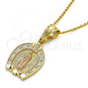 Oro Laminado Religious Pendant, Gold Filled Style Guadalupe and Flower Design, Polished, Tricolor, 05.120.0086.1