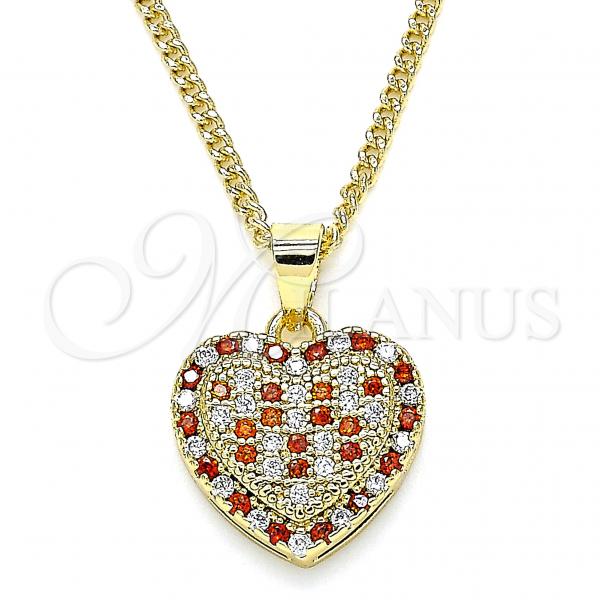 Oro Laminado Pendant Necklace, Gold Filled Style Heart Design, with Garnet and White Micro Pave, Polished, Golden Finish, 04.344.0034.1.20