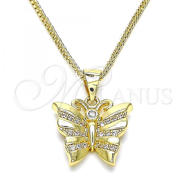 Oro Laminado Pendant Necklace, Gold Filled Style Butterfly Design, with White Cubic Zirconia and White Micro Pave, Polished, Golden Finish, 04.156.0452.20