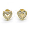 Oro Laminado Stud Earring, Gold Filled Style Heart Design, with White Micro Pave, Polished, Golden Finish, 02.156.0298