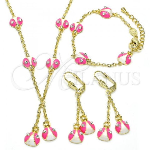 Oro Laminado Earring and Pendant Children Set, Gold Filled Style Ladybug Design, with White Crystal, Pink Enamel Finish, Golden Finish, 06.60.0005.1