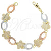 Oro Laminado Fancy Bracelet, Gold Filled Style Flower Design, Tricolor, 5.032.007