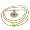 Oro Laminado Pendant Necklace, Gold Filled Style Evil Eye Design, with Sapphire Blue and White Micro Pave, Polished, Golden Finish, 04.156.0397.20