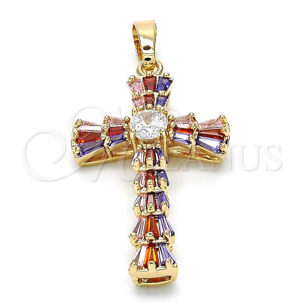 Oro Laminado Religious Pendant, Gold Filled Style Cross Design, with Multicolor Cubic Zirconia, Polished, Golden Finish, 05.316.0002.1