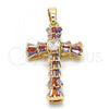 Oro Laminado Religious Pendant, Gold Filled Style Cross Design, with Multicolor Cubic Zirconia, Polished, Golden Finish, 05.316.0002.1