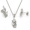 Sterling Silver Earring and Pendant Adult Set, Leaf Design, with White Cubic Zirconia, Polished, Rhodium Finish, 10.174.0270